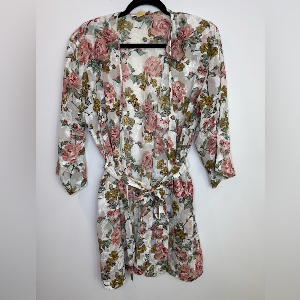 Vintage La Vie En Rose Floral semi sheer Open-Front Kimono robe